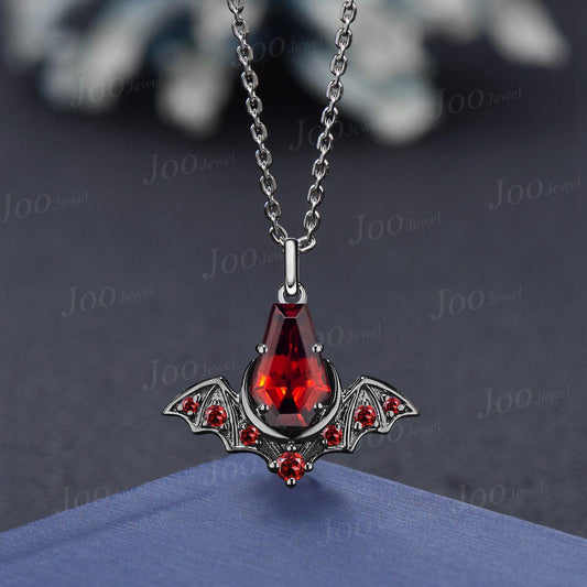 Natural Garnet Moon Pendant Necklace Coffin Cut Red Garnet Bat Wing Necklace 18K Black Gold Gothic Pendant for Cool Girl Graduation Gifts