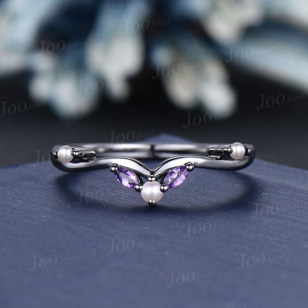 Pearl Amethyst Wedding Band Contour Curved Band All-match Black Nesting Band Unique Vintage Stacking Matching Bridal Gift for Women