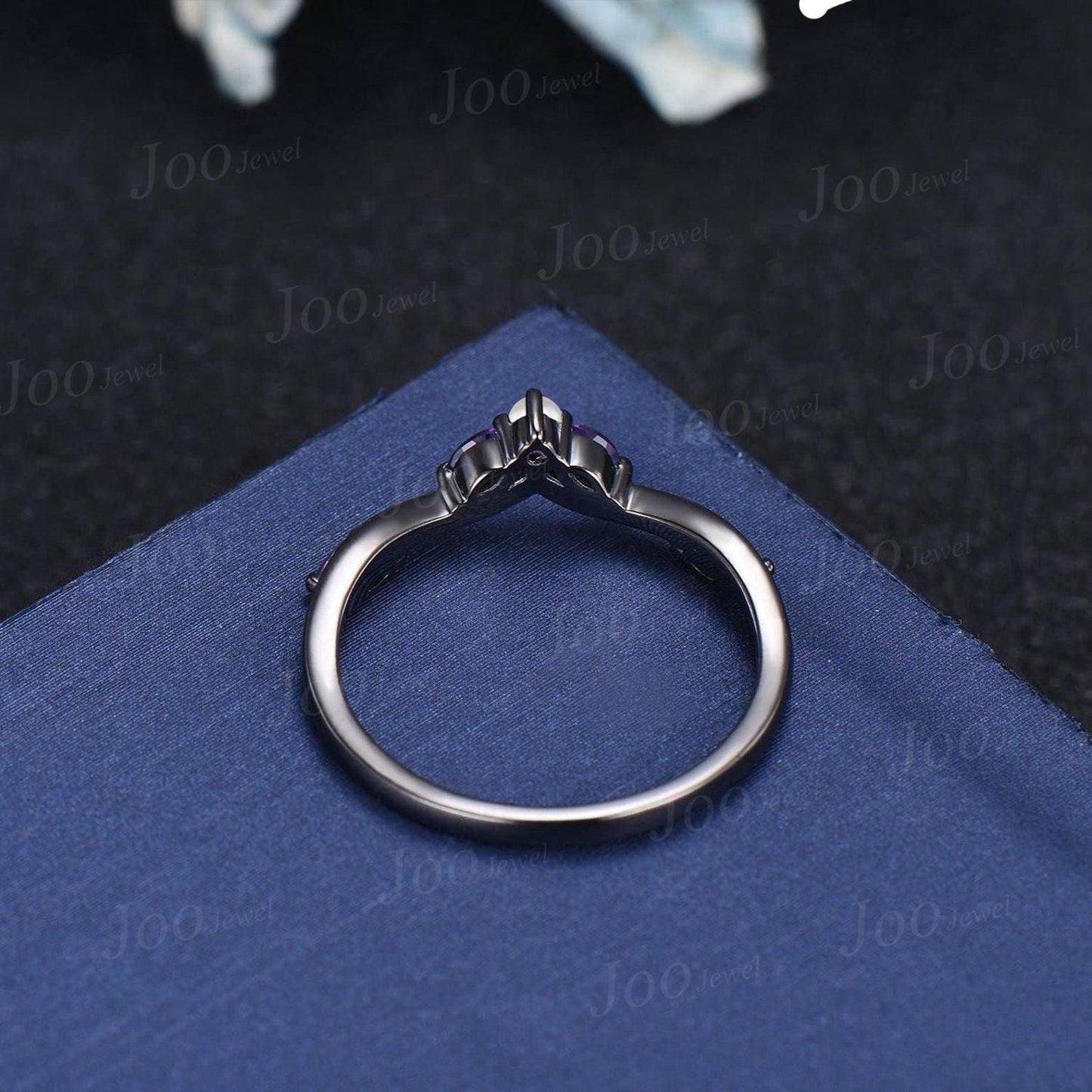 Pearl Amethyst Wedding Band Contour Curved Band All-match Black Nesting Band Unique Vintage Stacking Matching Bridal Gift for Women