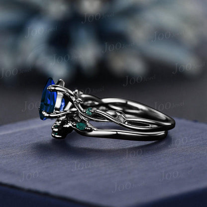 1.25ct Pear Blue Sapphire Twig Vine Engagement Ring Vintage Nature Inspired Blue Sapphire Emerald Promise Ring Unique Noble Gift for Women