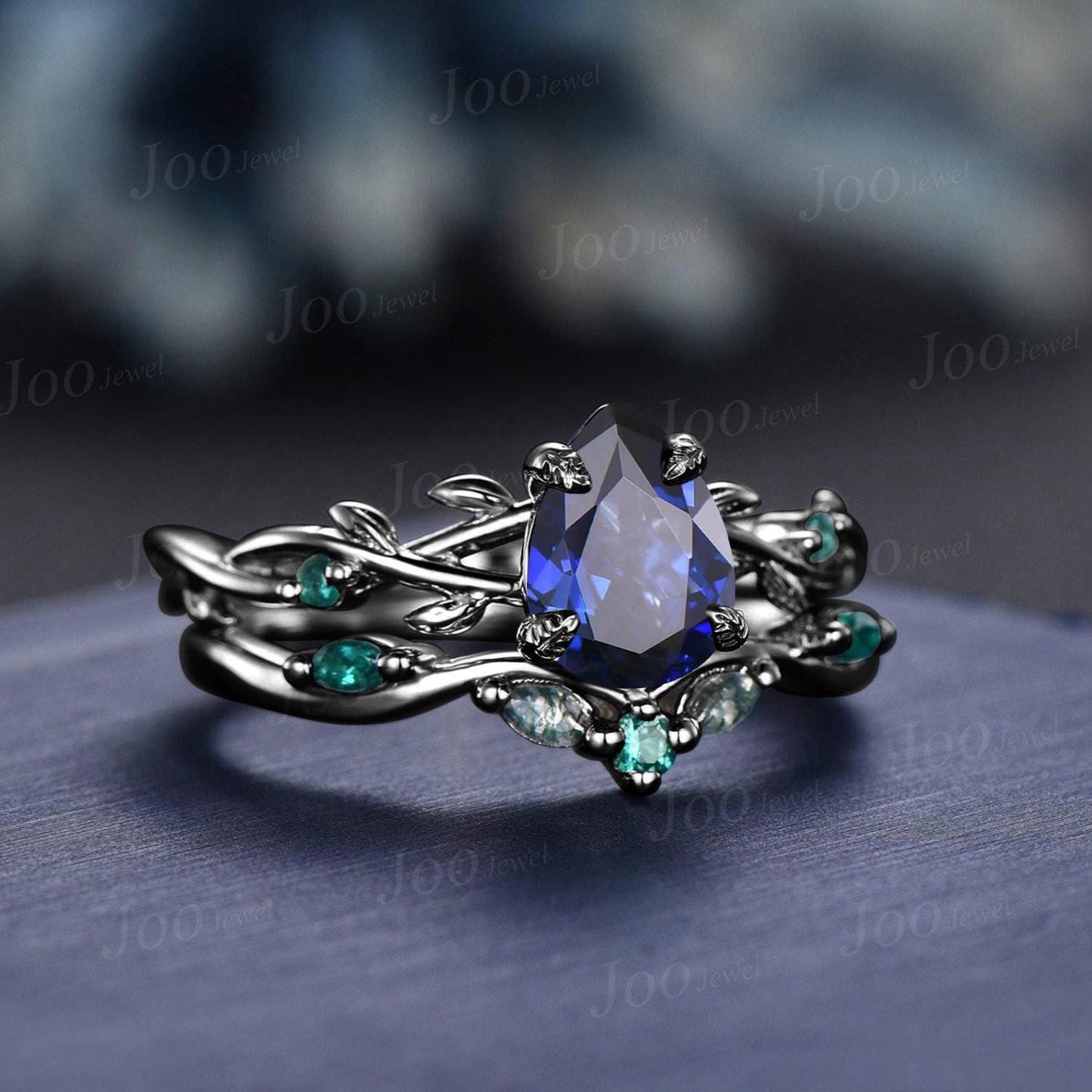 1.25ct Pear Blue Sapphire Twig Vine Engagement Ring Vintage Nature Inspired Blue Sapphire Emerald Promise Ring Unique Noble Gift for Women