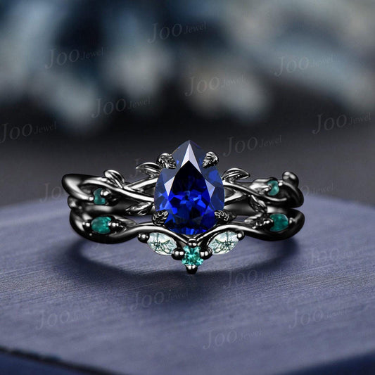 1.25ct Pear Blue Sapphire Twig Vine Engagement Ring Vintage Nature Inspired Blue Sapphire Emerald Promise Ring Unique Noble Gift for Women