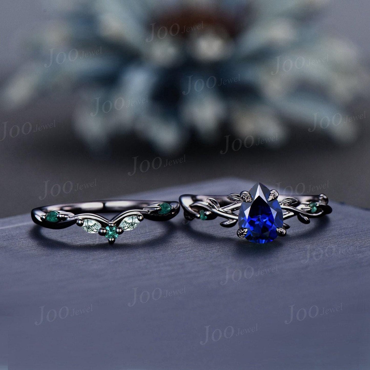 1.25ct Pear Blue Sapphire Twig Vine Engagement Ring Vintage Nature Inspired Blue Sapphire Emerald Promise Ring Unique Noble Gift for Women