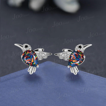 1.25ct Pear Black Fire Opal Earrings | Platinum Parrot Studs | Hypoallergenic Teardrop Black Opal Earrings for Women | Gift for Bird Lover