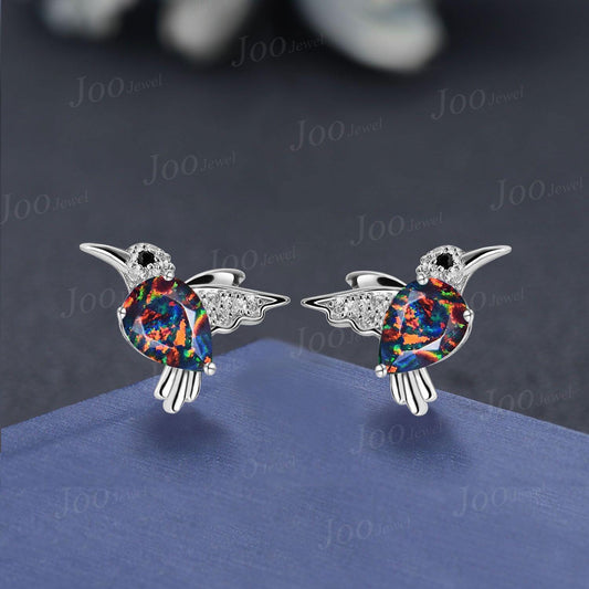 1.25ct Pear Black Fire Opal Earrings | Platinum Parrot Studs | Hypoallergenic Teardrop Black Opal Earrings for Women | Gift for Bird Lover