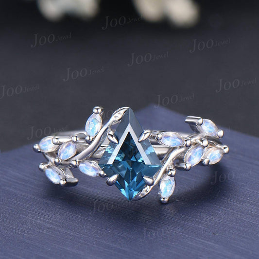 Kite Cut Natural London Blue Topaz Moonstone Wedding Ring Vintage Sterling Silver Cluster Engagement Ring December Birthstone Gift for Women