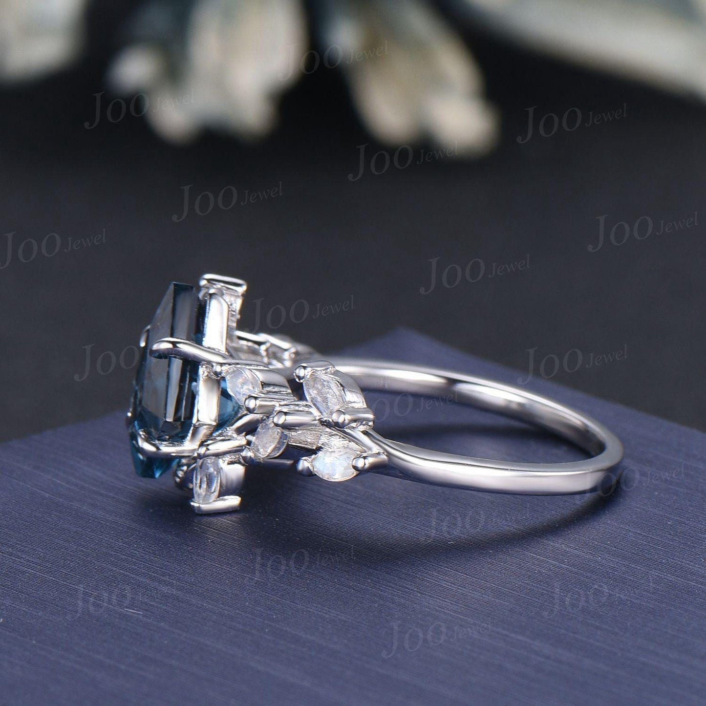 Kite Cut Natural London Blue Topaz Moonstone Wedding Ring Vintage Sterling Silver Cluster Engagement Ring December Birthstone Gift for Women