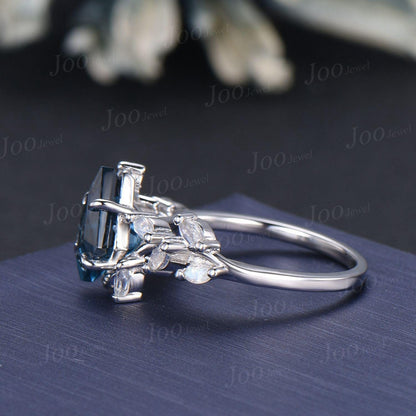 Kite Cut Natural London Blue Topaz Moonstone Wedding Ring Vintage Sterling Silver Cluster Engagement Ring December Birthstone Gift for Women