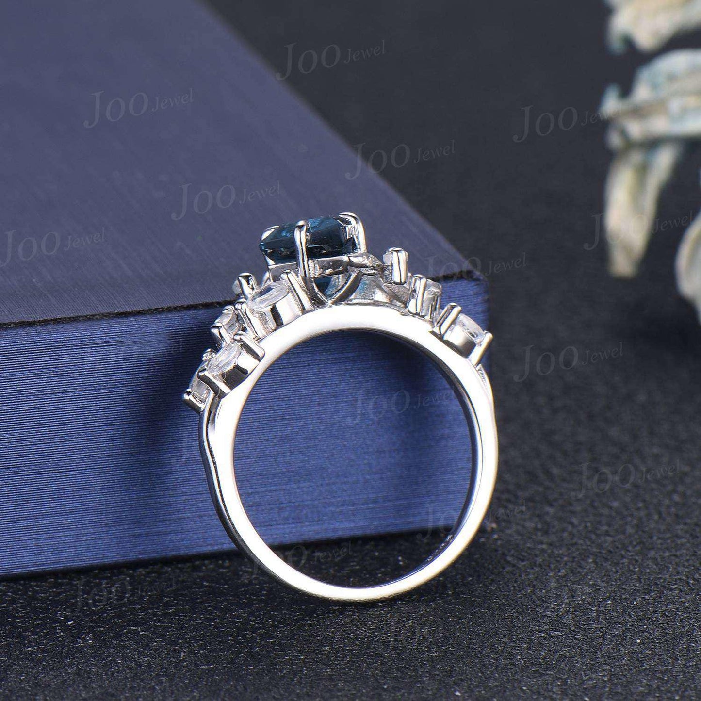 Kite Cut Natural London Blue Topaz Moonstone Wedding Ring Vintage Sterling Silver Cluster Engagement Ring December Birthstone Gift for Women