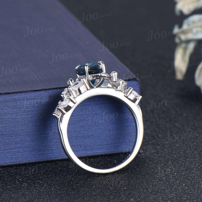 Kite Cut Natural London Blue Topaz Moonstone Wedding Ring Vintage Sterling Silver Cluster Engagement Ring December Birthstone Gift for Women