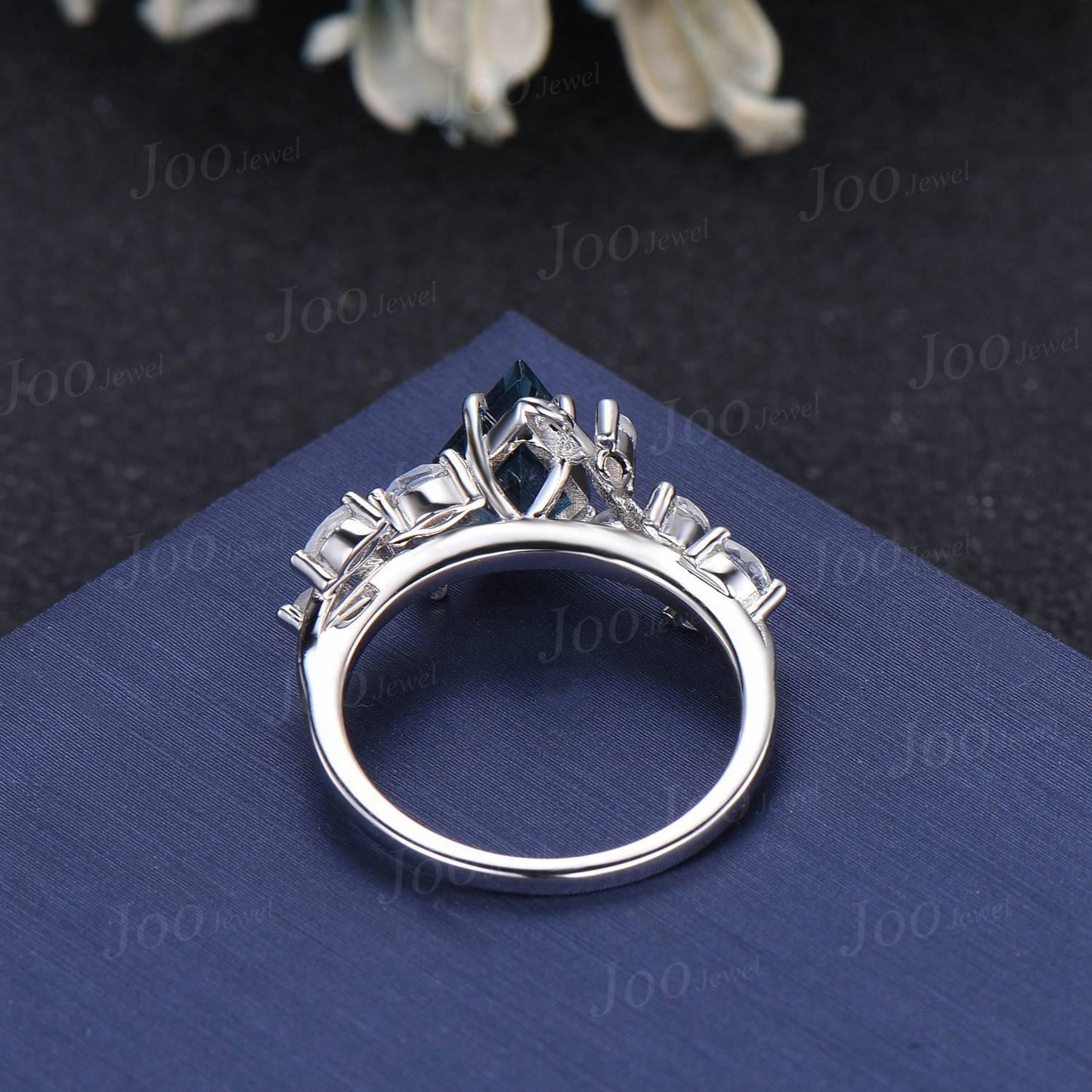 Kite Cut Natural London Blue Topaz Moonstone Wedding Ring Vintage Sterling Silver Cluster Engagement Ring December Birthstone Gift for Women