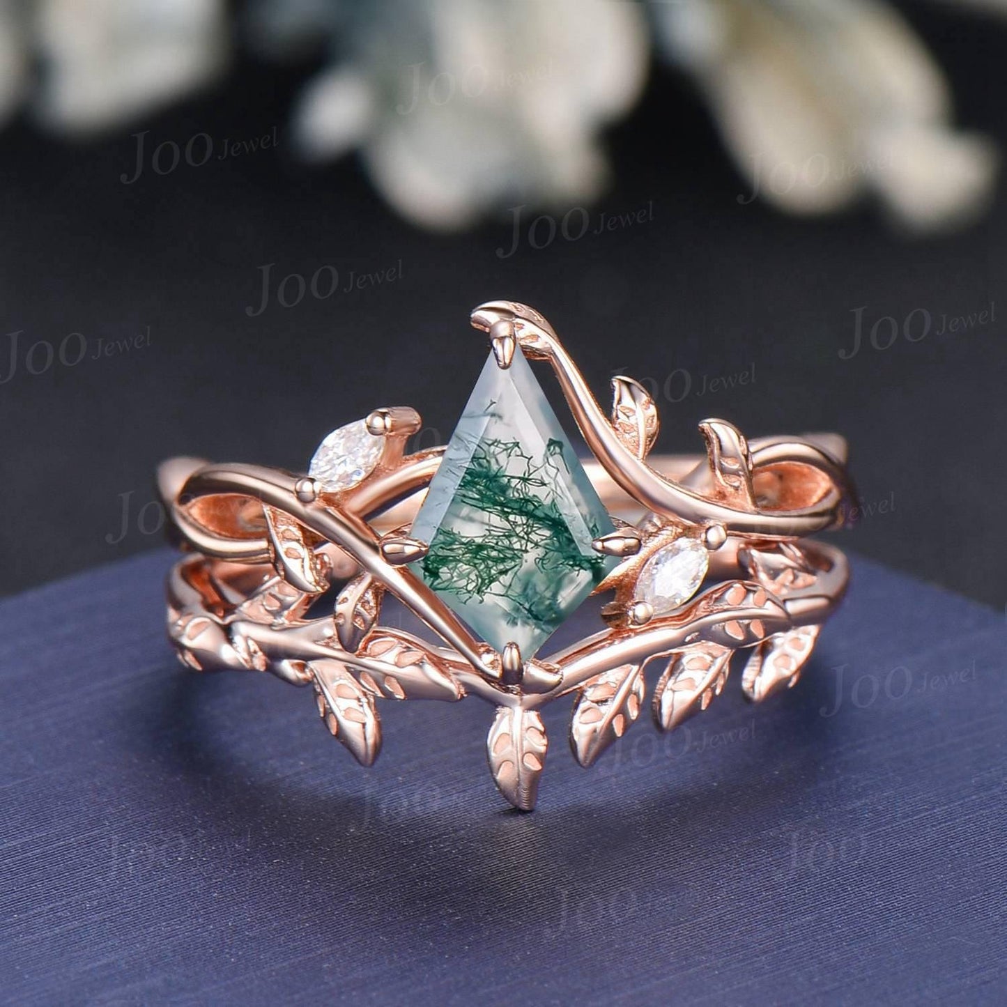 1ct Kite Cut Natural Moss Agate Ring Set | Infinity Leaf Ring | Twisted Vine Moss Agate Engagement Ring for Women | Nature Wedding Jewelry