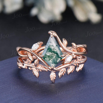 1ct Kite Cut Natural Moss Agate Ring Set | Infinity Leaf Ring | Twisted Vine Moss Agate Engagement Ring for Women | Nature Wedding Jewelry