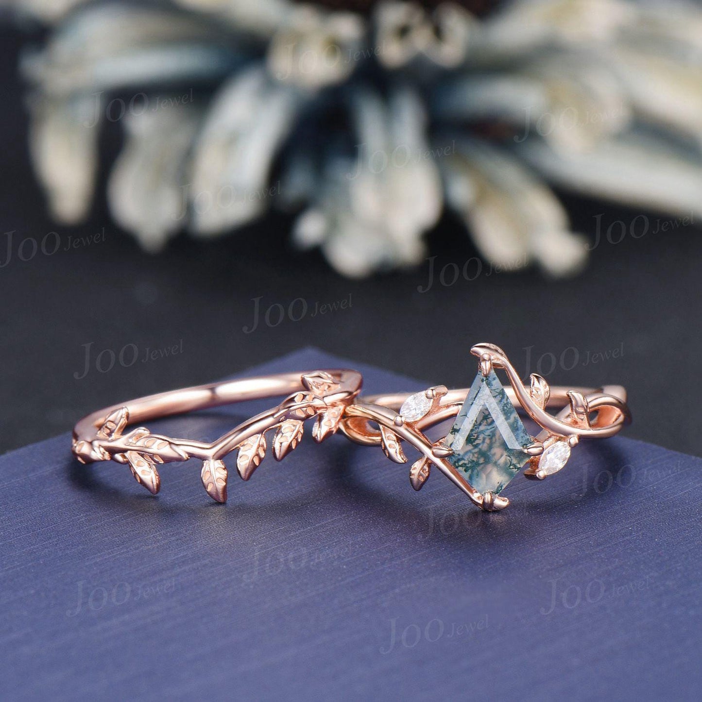 1ct Kite Cut Natural Moss Agate Ring Set | Infinity Leaf Ring | Twisted Vine Moss Agate Engagement Ring for Women | Nature Wedding Jewelry