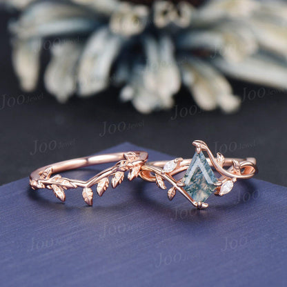 1ct Kite Cut Natural Moss Agate Ring Set | Infinity Leaf Ring | Twisted Vine Moss Agate Engagement Ring for Women | Nature Wedding Jewelry