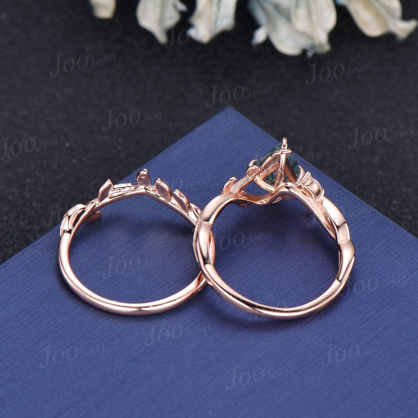 1ct Kite Cut Natural Moss Agate Ring Set | Infinity Leaf Ring | Twisted Vine Moss Agate Engagement Ring for Women | Nature Wedding Jewelry