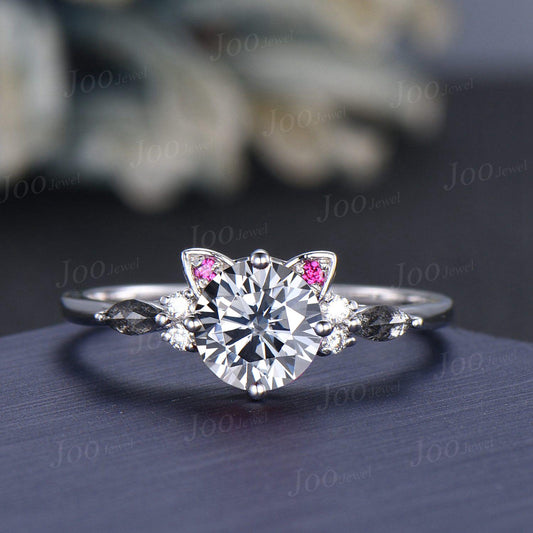 Gray Moissanite Engagement Ring Sterling Silver 1.2ct Round Grey Moissanite Pepper Diamond Cat Wedding Ring Unique Promise Rings for Women