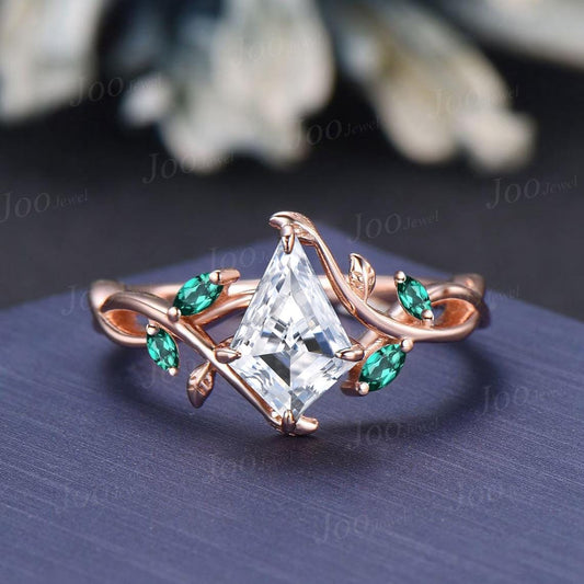 IGI Diamond Engagement Ring 14K Rose Gold Kite Cut Diamond with Emerald Infinity Leaf Wedding Rings for Women Custom VVS D Diamond Ring