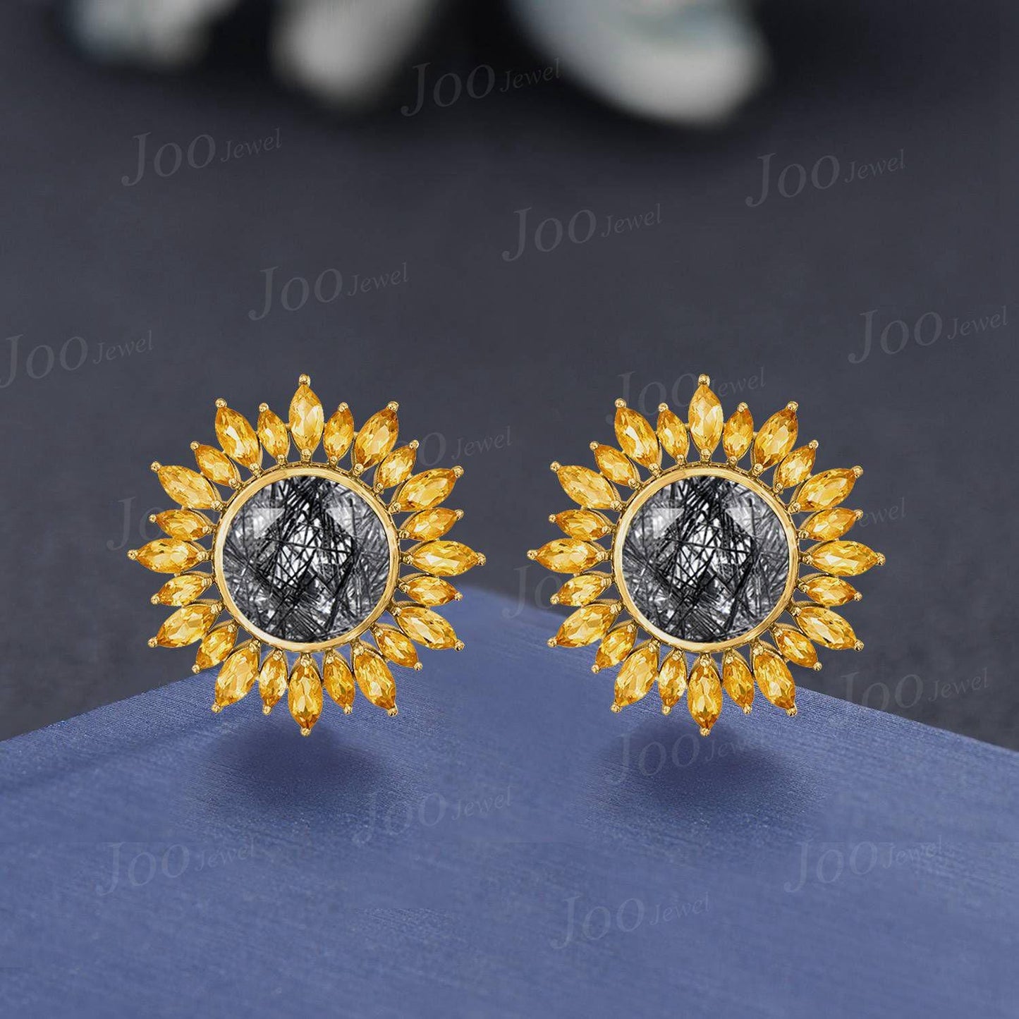 Round Cut Natural Citrine Black Rutilated Quartz Sunflower Bezel Necklace/Earrings Sterling Silver You Are My Sunshine Pendant for Women