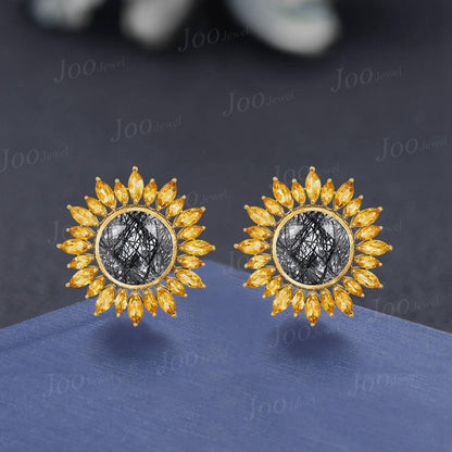 Round Cut Natural Citrine Black Rutilated Quartz Sunflower Bezel Necklace/Earrings Sterling Silver You Are My Sunshine Pendant for Women