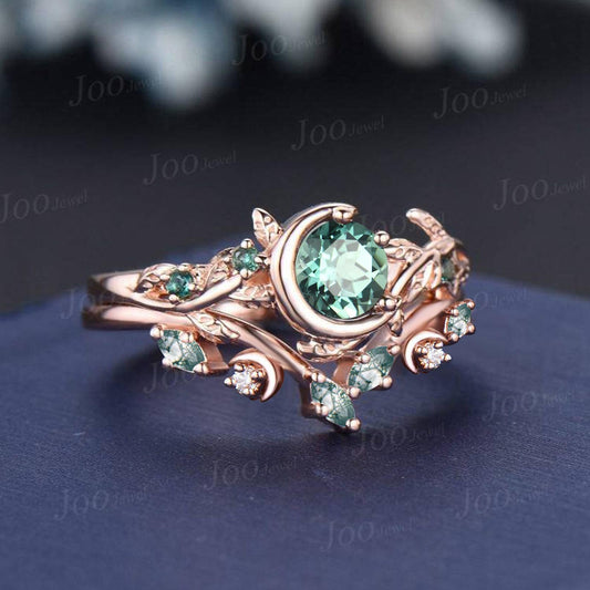 5mm Round Cut Green Teal Sapphire Emerald Leaf Moon Bridal Ring Sterling Silver Crescent Engagement Ring Moss Agate Wedding Band for Women