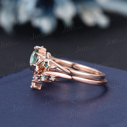 5mm Round Cut Green Teal Sapphire Emerald Leaf Moon Bridal Ring Sterling Silver Crescent Engagement Ring Moss Agate Wedding Band for Women