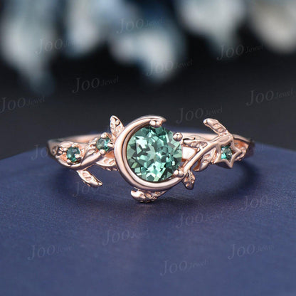 5mm Round Cut Green Teal Sapphire Emerald Leaf Moon Bridal Ring Sterling Silver Crescent Engagement Ring Moss Agate Wedding Band for Women