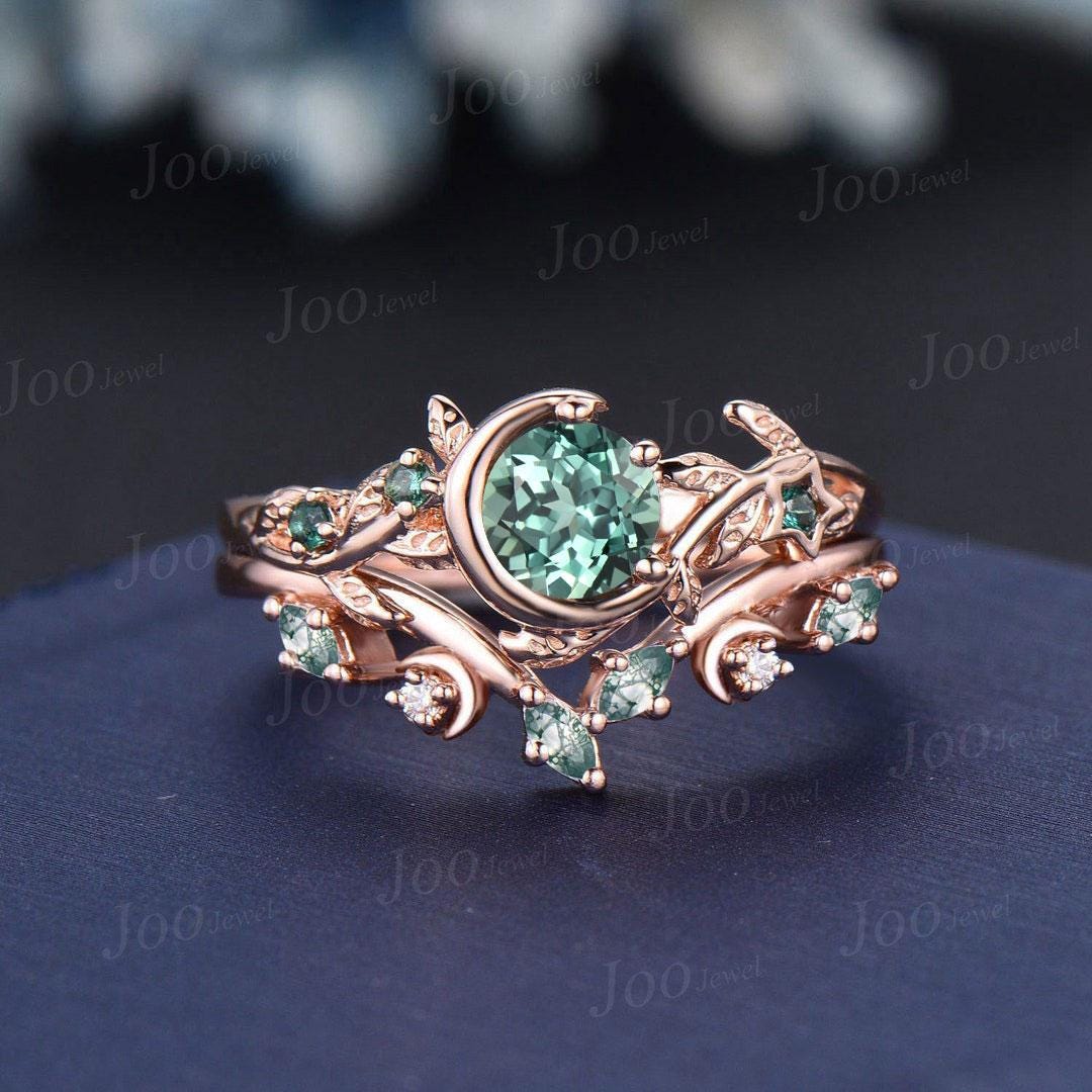 5mm Round Cut Green Teal Sapphire Emerald Leaf Moon Bridal Ring Sterling Silver Crescent Engagement Ring Moss Agate Wedding Band for Women