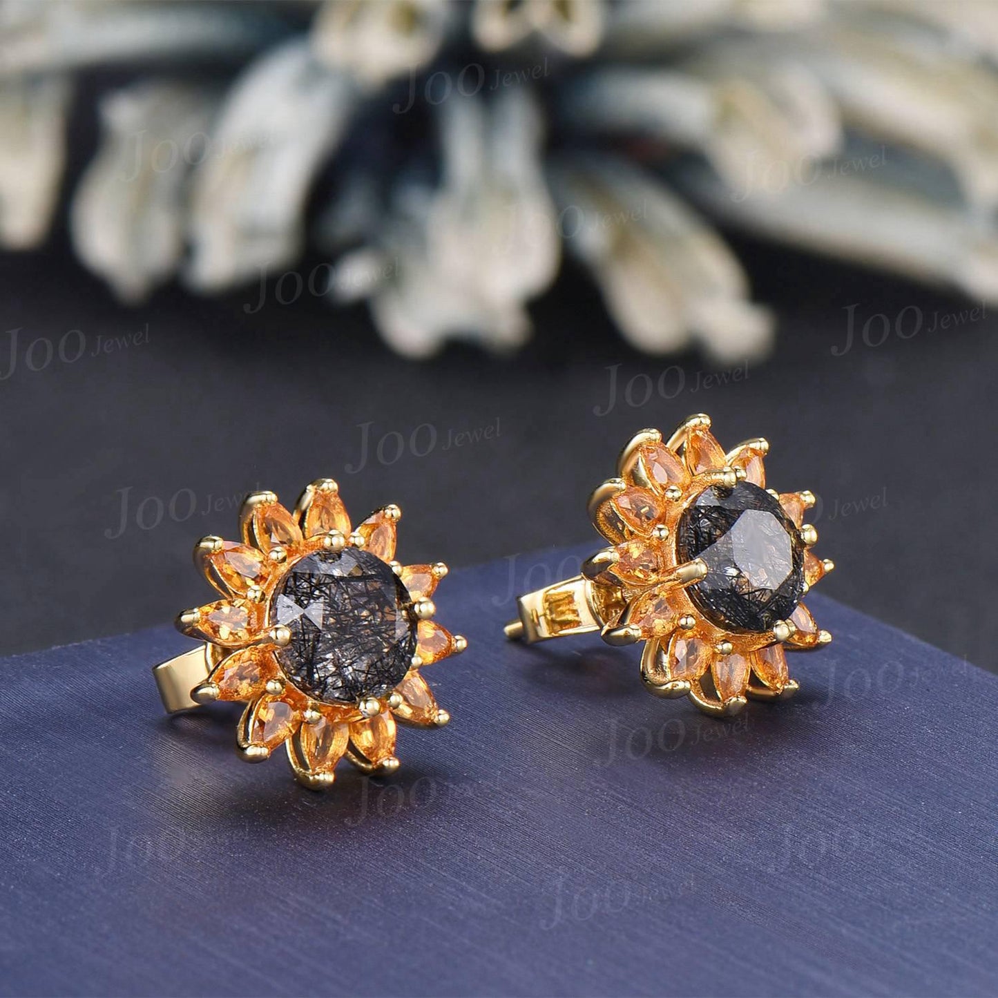 Sterling Silver Sunflower Earrings Round Cut Natural Black Rutilated Quartz Citrine Crystal Studs -You Are My Sunshine Unique Birthday Gifts