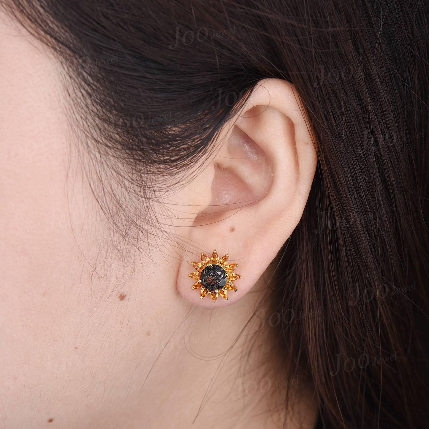 Sterling Silver Sunflower Earrings Round Cut Natural Black Rutilated Quartz Citrine Crystal Studs -You Are My Sunshine Unique Birthday Gifts