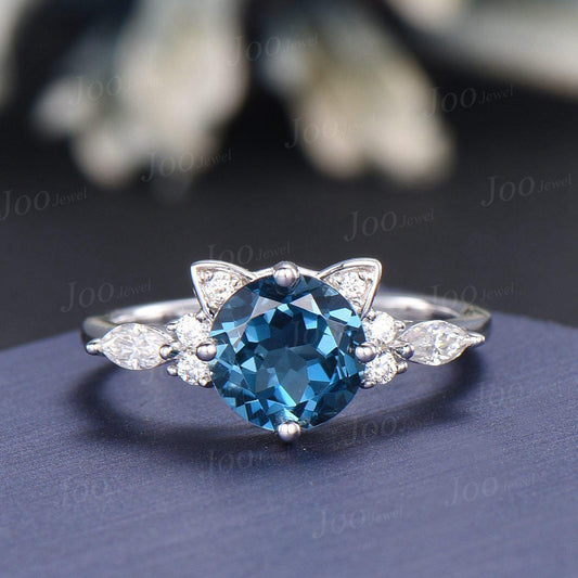 1.2ct Round Cut Natural London Blue Topaz Cat Wedding Ring Sterling Silver December Birthstone Birthday Jewelry Gift for Cat Lover/Daughter