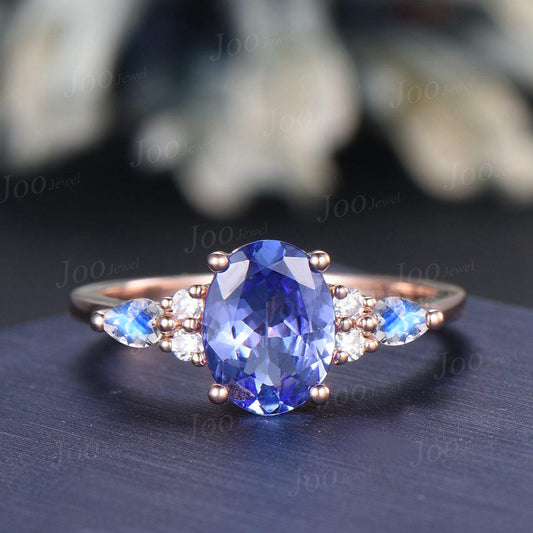 1.5ct Oval Cut Natural Tanzanite Engagement Ring 10K Rose Gold Genuine Natural Tanzanite Moonstone Ring December Birthstone Jewelry Gift
