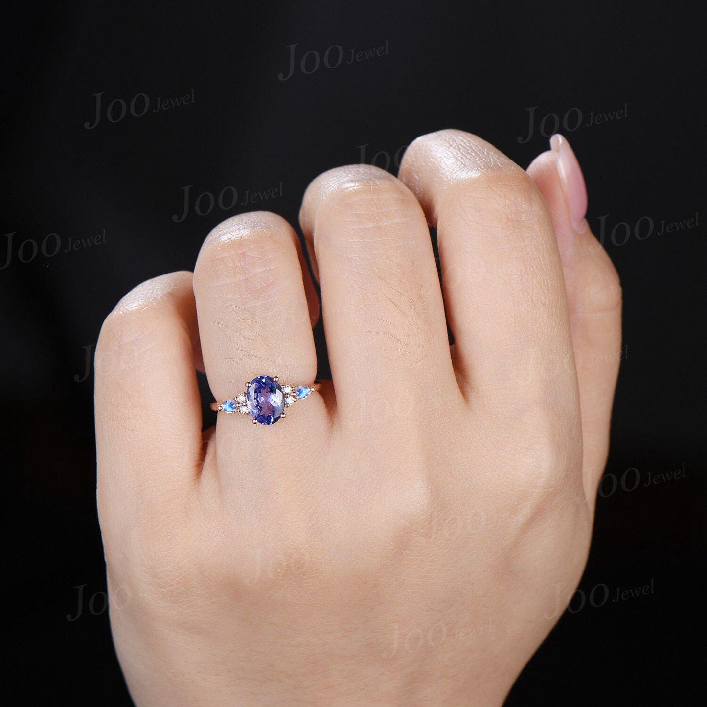 1.5ct Oval Cut Natural Tanzanite Engagement Ring 10K Rose Gold Genuine Natural Tanzanite Moonstone Ring December Birthstone Jewelry Gift
