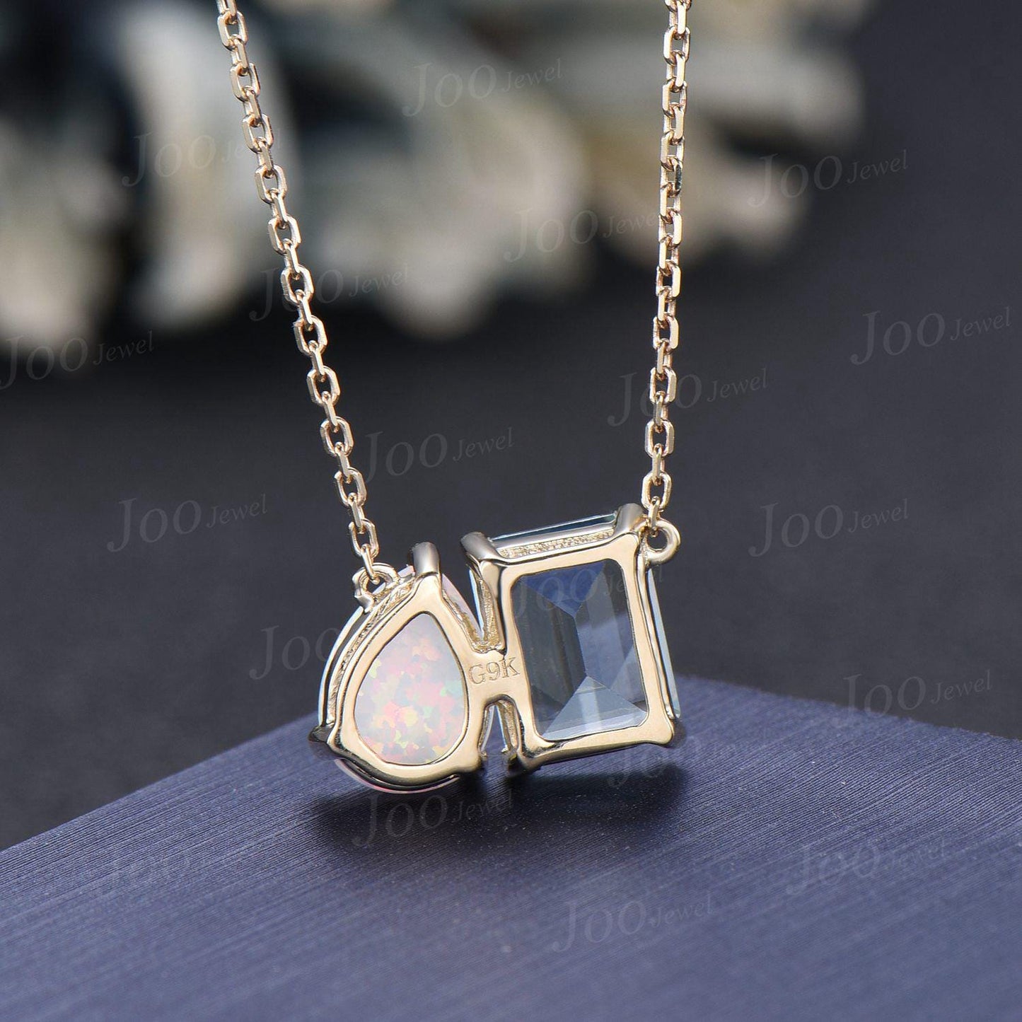 Natural Aquamarine Opal Toi Et Moi Pendant | Pear & Emerald Cut Two Stone Pendant Necklace | You and Me Necklace | Couple Friend Necklaces
