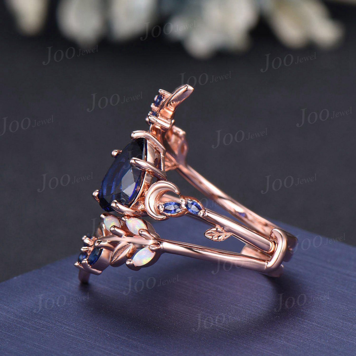 Pear Cut Blue Sapphire Opal Moon Leaf Engagement Ring, Rose Gold Blue Sapphire Wrap Bypass Enhancer Vine Band, Branch Bridal Set for Women