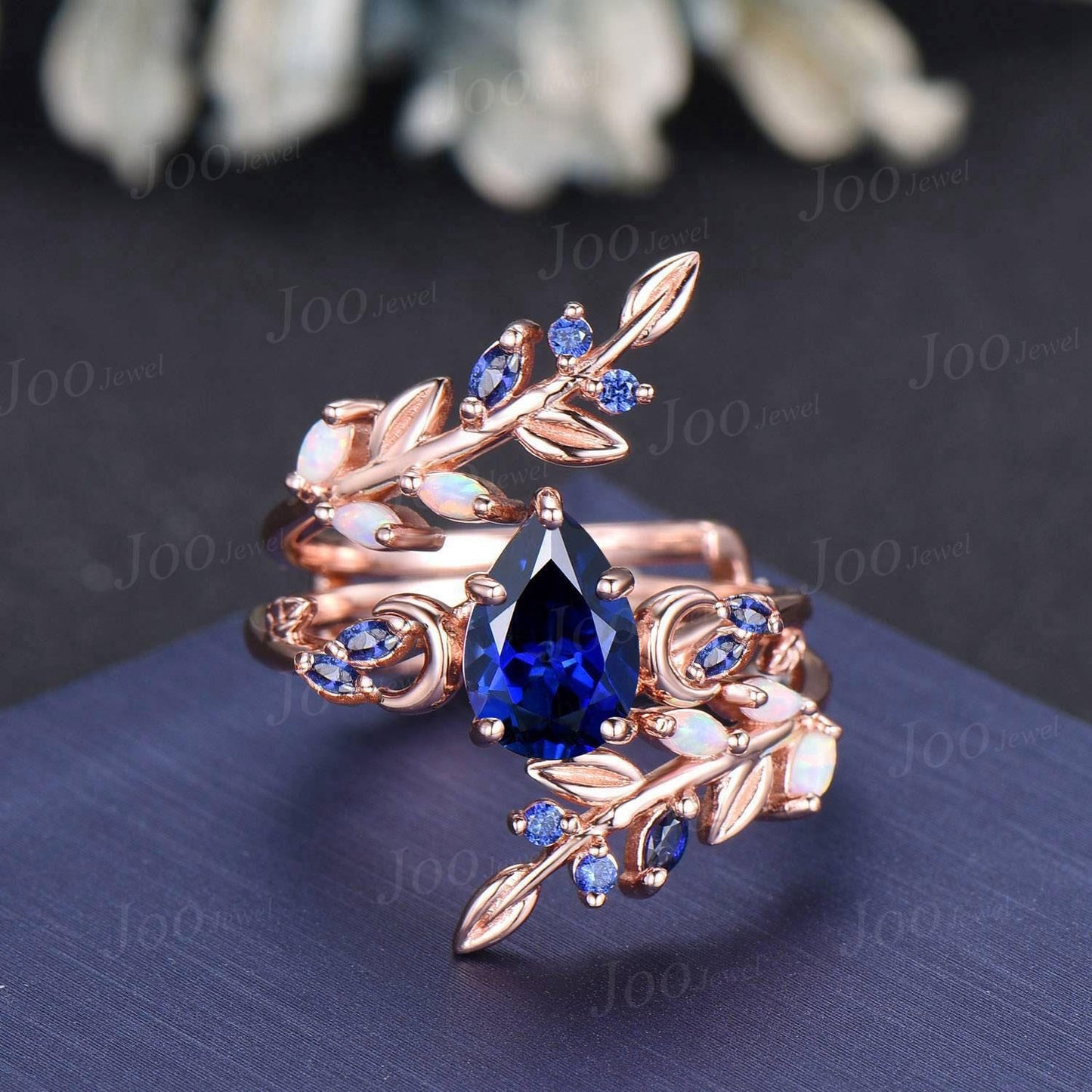 Pear Cut Blue Sapphire Opal Moon Leaf Engagement Ring, Rose Gold Blue Sapphire Wrap Bypass Enhancer Vine Band, Branch Bridal Set for Women