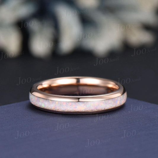 4mm Rose Gold White Opal Wedding Band for Women Dainty Minimalist Opal Promise Ring Comfort Fit No-Fading Opal Stacking Full Eternity Band
