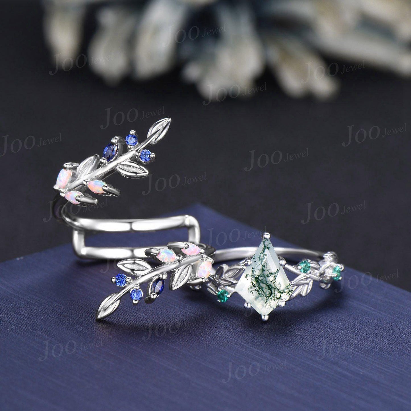 Kite Cut Natural Moss Agate Leaf Ring- Nature Themed Wedding Ring- Sapphire Opal Accent- Nature Inspired Bridal Ring- Enhancer Wedding Band