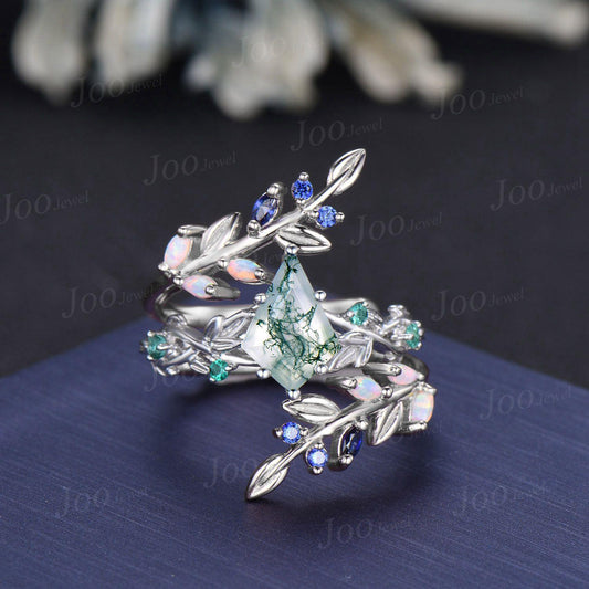 Kite Cut Natural Moss Agate Leaf Ring- Nature Themed Wedding Ring- Sapphire Opal Accent- Nature Inspired Bridal Ring- Enhancer Wedding Band