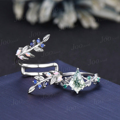 Kite Cut Natural Moss Agate Leaf Ring- Nature Themed Wedding Ring- Sapphire Opal Accent- Nature Inspired Bridal Ring- Enhancer Wedding Band