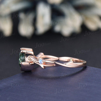 Nature Inspired Green Sapphire Ring Moon Star Design Vintage 1ct Round Olive Sapphire Engagement Ring Moonstone Dainty Branch Wedding Ring