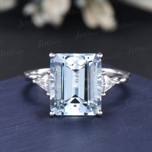 8ct Emerald Cut Aquamarine Ring 10x12mm AAA Natural Aquamarine Engagement Ring Large Luxury Wedding Ring for Women Solid Gold Statement Ring