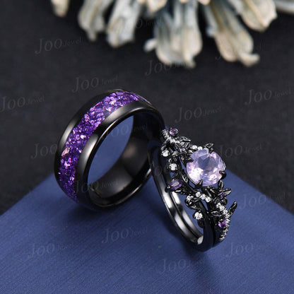 Vintage 1ct Round Cut Natural Lavender Amethyst Couples Ring Set Black Wedding Ring Set Amethyst Matching Ring Set His and Hers Wedding Band