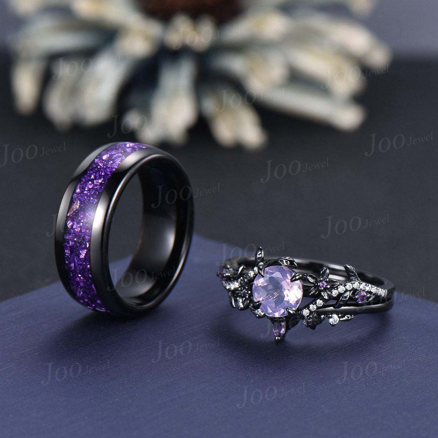 Vintage 1ct Round Cut Natural Lavender Amethyst Couples Ring Set Black Wedding Ring Set Amethyst Matching Ring Set His and Hers Wedding Band