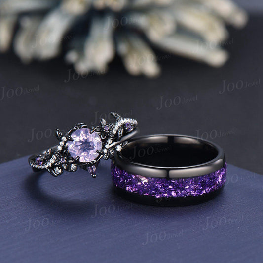 Vintage 1ct Round Cut Natural Lavender Amethyst Couples Ring Set Black Wedding Ring Set Amethyst Matching Ring Set His and Hers Wedding Band