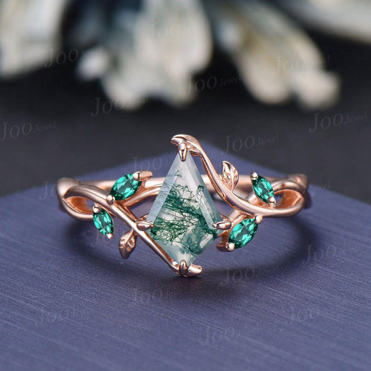 1ct Kite Natural Moss Agate Ring | Infinity Leaf Emerald Ring | Twisted Vine Moss Agate Engagement Ring for Women | Nature Wedding Jewelry