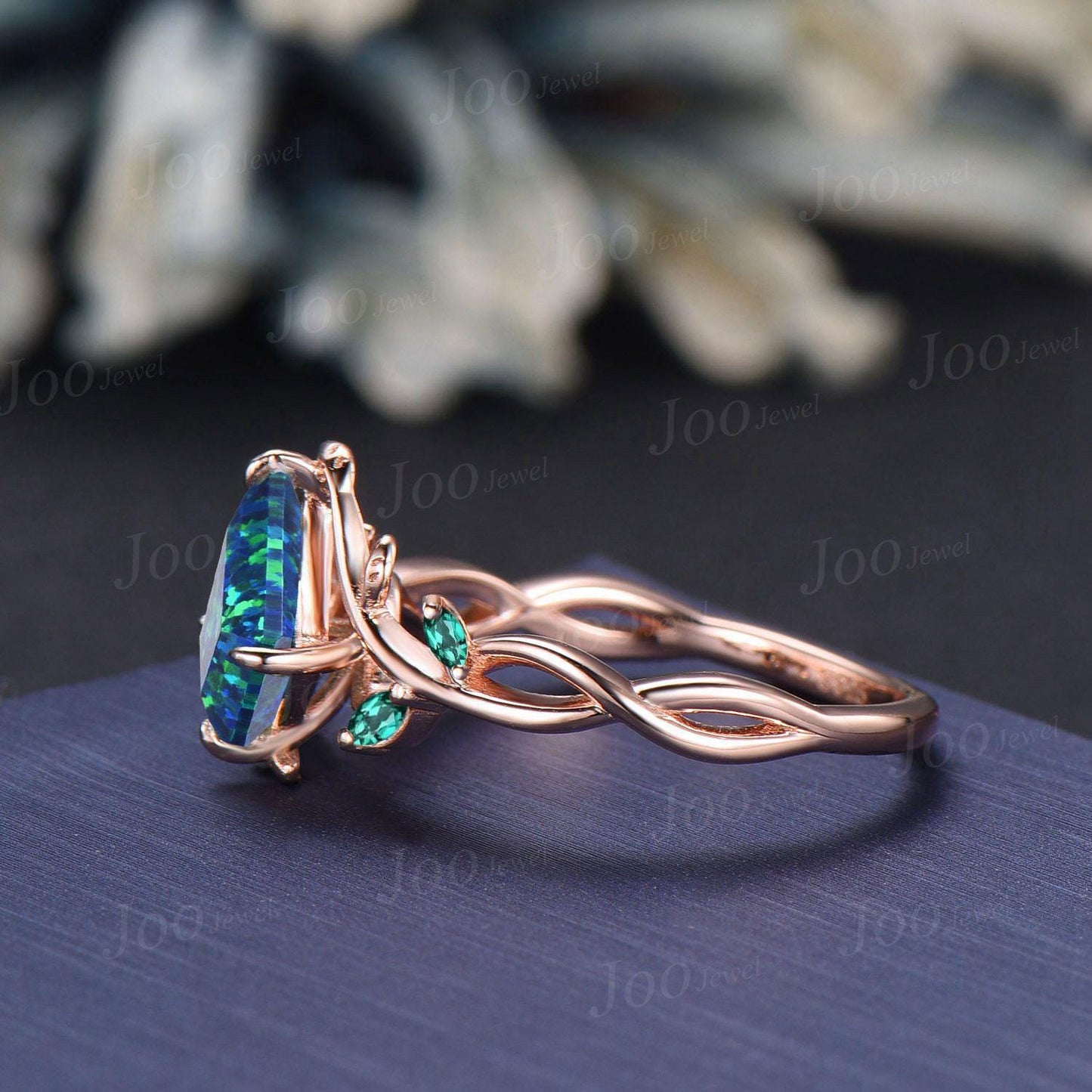 1ct Kite Cut Black Opal Ring | Infinity Leaf Emerald Ring | Twig Vine Black Opal Engagement Ring for Women | Nature Themed Wedding Jewelry