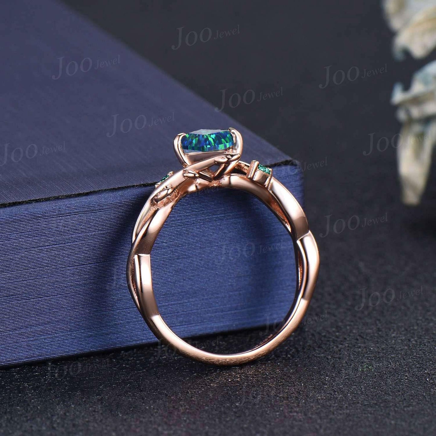 1ct Kite Cut Black Opal Ring | Infinity Leaf Emerald Ring | Twig Vine Black Opal Engagement Ring for Women | Nature Themed Wedding Jewelry
