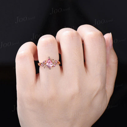 1ct Kite Cut Padparadscha Pink Sapphire Infinity Engagement Ring Leaf Vine Pink Tourmaline Wedding Bridal Ring Nature Themed Wedding Jewelry