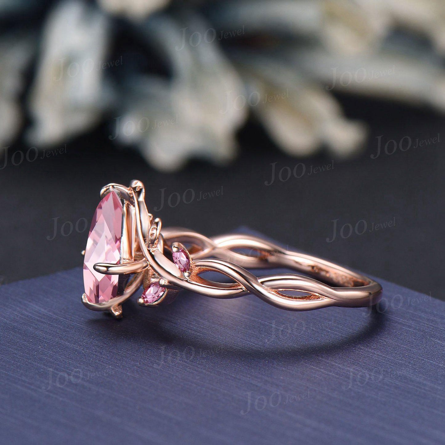 1ct Kite Cut Padparadscha Pink Sapphire Infinity Engagement Ring Leaf Vine Pink Tourmaline Wedding Bridal Ring Nature Themed Wedding Jewelry